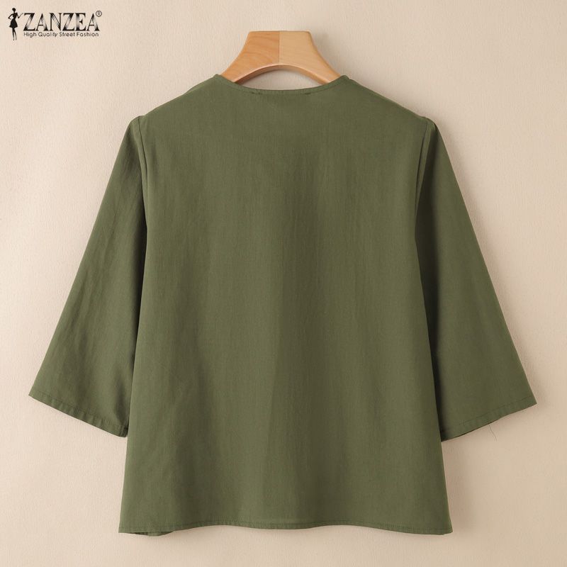 ZANZEA Lässige Damenbluse mit Rundhalsausschnitt und 3/4-Ärmeln, lockere Baumwollbluse