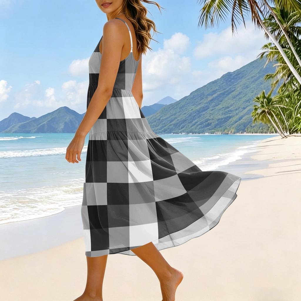 Sommerkleider für Damen UK Damen Sommerkleider UK Karomuster Midi-Kleid Ärmellos Lässig Lockerer Schnitt Sommerkleid