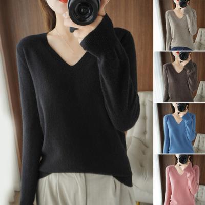 Women Knitting Tops Sexy V-Neck Long Sleeve Loose Fit Pullover Tops Solid Color Ribbed Trim Thin