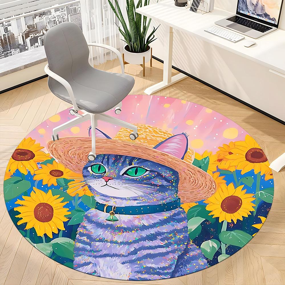 1pc Cat SunflowersChair Carpet for Office, Indoor Non-Slip Washable Polyester Fiber Carpet, Mat For Office, Machine Washable
