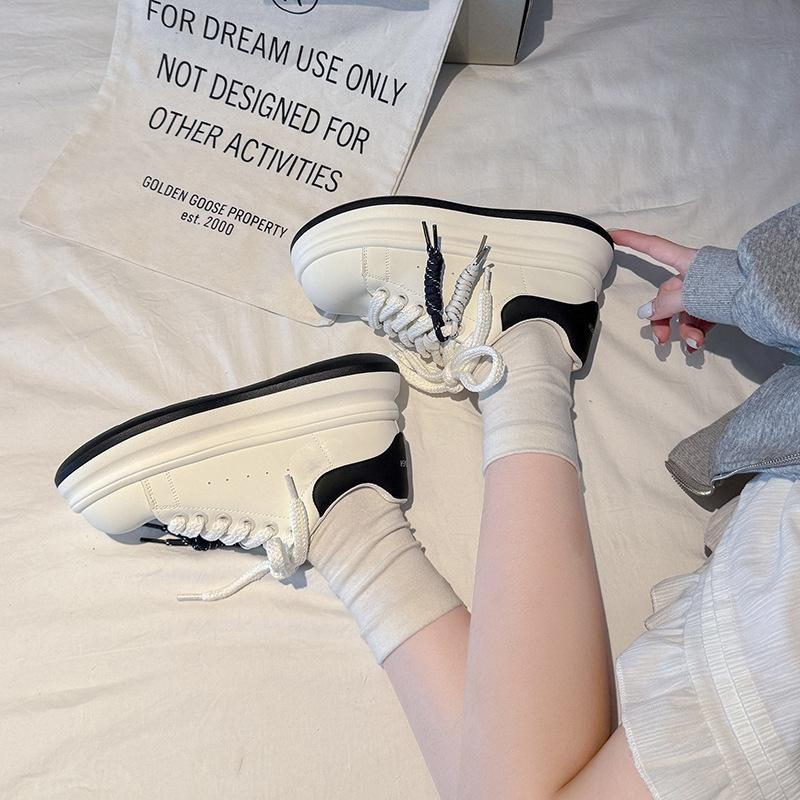 Thick-soled Hong Kong-style Breathable Little White Shoes Women's New Casual Outdoor Muffin Shoes Leather Thin Sports Shoes