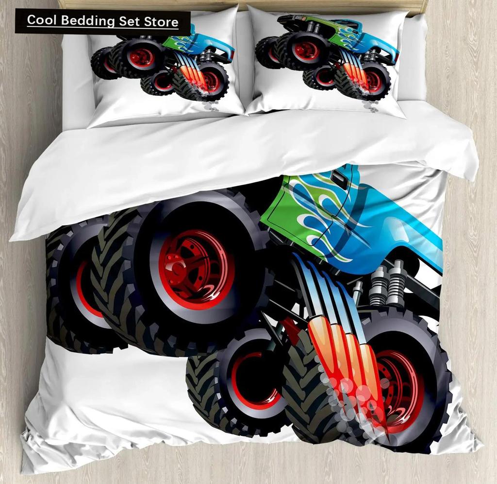Cars Duvet Cover Set Cartoon Monster Truck Cool Vehicle Duvet Cover Set Bedclothes Double Queen King Size Polyester Qulit Cover