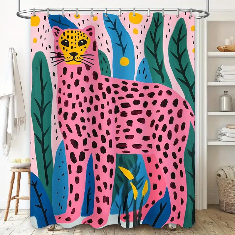 Vibrant Printed Animal Shower Curtain: Leopard Design In Bold Pink With Green Leaves Waterproof Fabric For Bathroom Decorations
