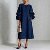 2026 Dames Ronde Hals 3D Bloemen Pofmouwen Gestructureerde Midi Jurk Losse Pasvorm Hoge Taille Street Style
