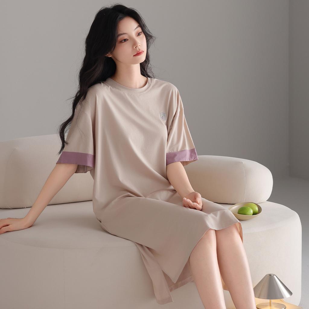 1011 New Solid Color Pajamas with Chest Pads Women's Xia Modal Ice Silk Short Sleeves Outside Pajamas Medium and Long Dresses