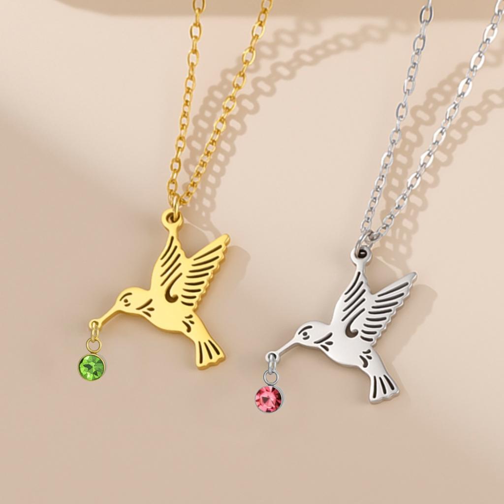 Tiny Birthstone Hummingbird Necklace Birthstone Bird Necklace Stainless Steel Necklace Hummingbird Necklace Bird Jewelry