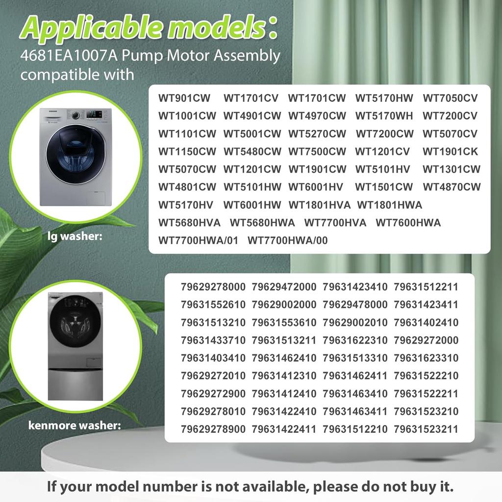 DP040-012 4681EA1007A Washer Pump (OEM) Compatible with Lg WT1101CW WT1201CV WT1201CW WT4870CW WT1501CW WT5270CW, Kenmore 796.31513210, Part Number: