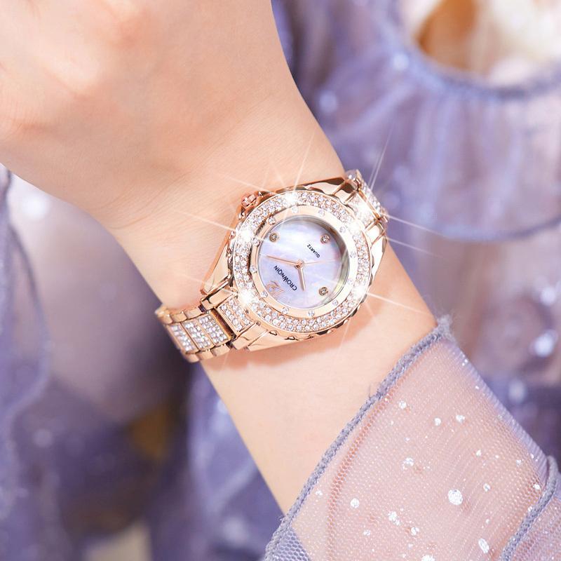 

Роскошные модные женские часы из нержавеющей стали, кварцевые часы, элегантные женские наручные часы, подарки для женщин ярко-розовый