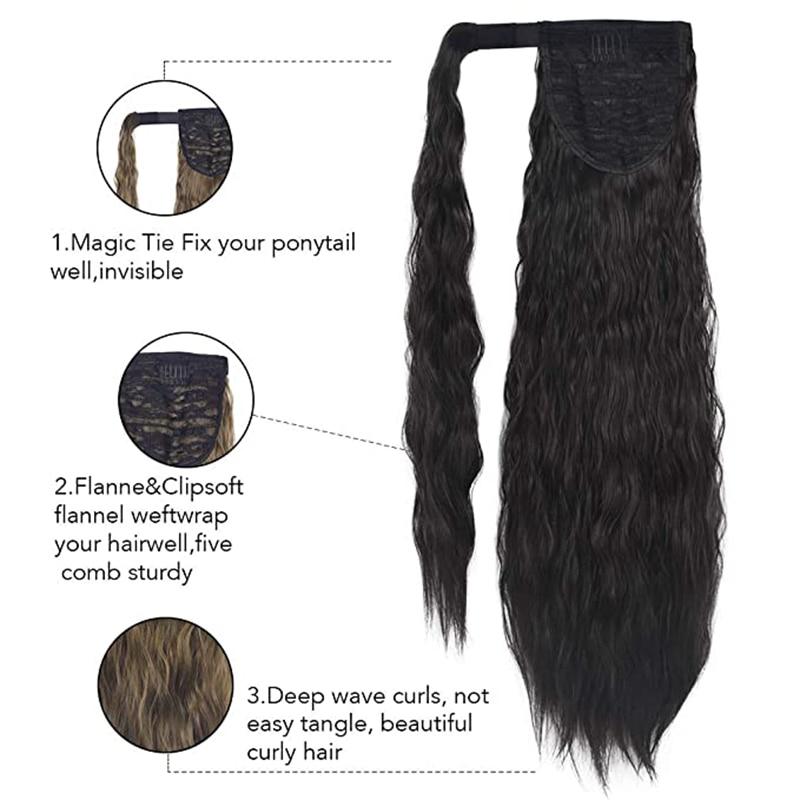 MERISIHAIR Corn Wavy Long Ponytail Synthetic for Women Hairpiece Wrap On Clip Hair Extensions Black Brown Pony Tail Blonde Hair
