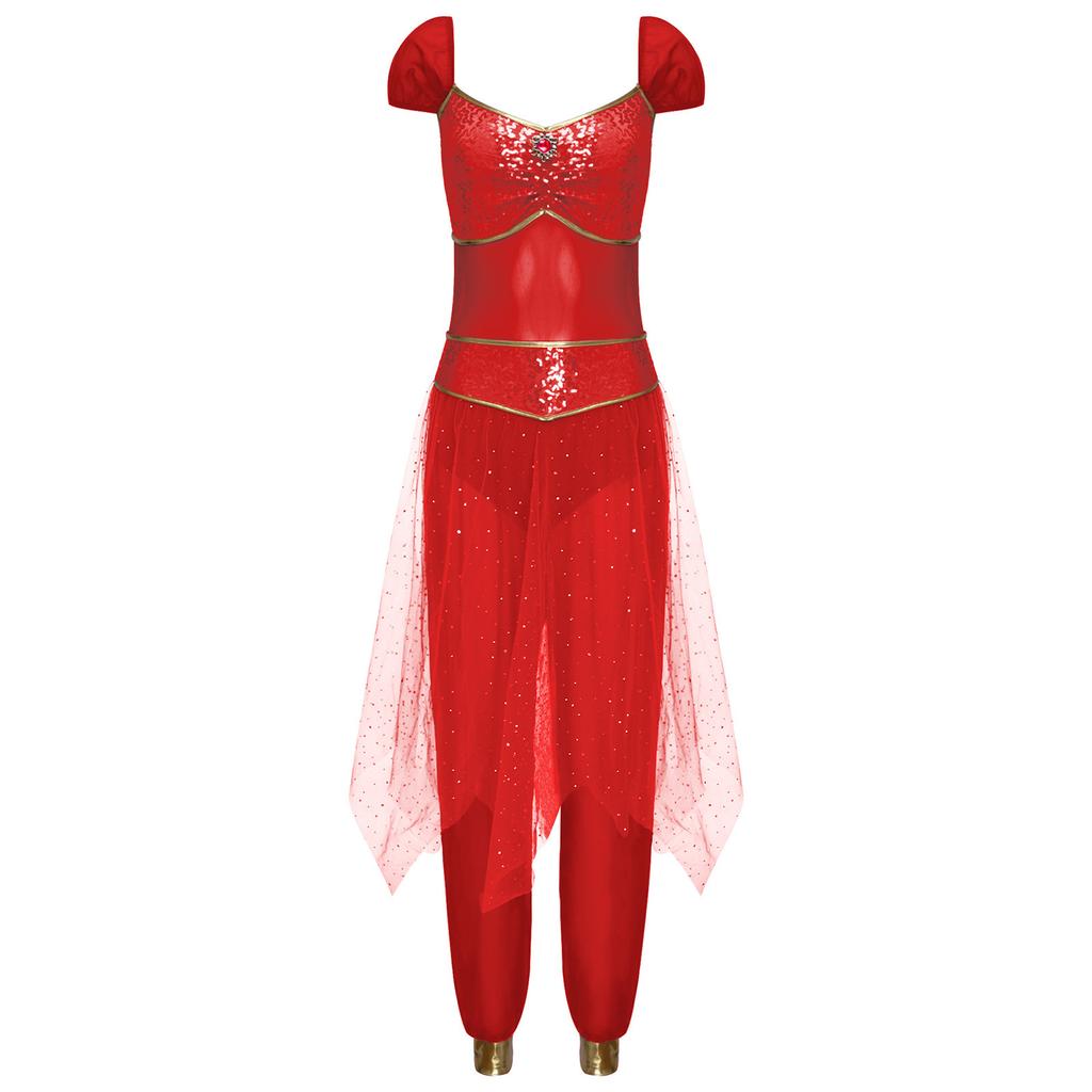 Womens Arab Princess Costume Contrast Color Gem Decor Sequined Tulle Overlay Sleeveless Jumpsuit Belly Dance Romper