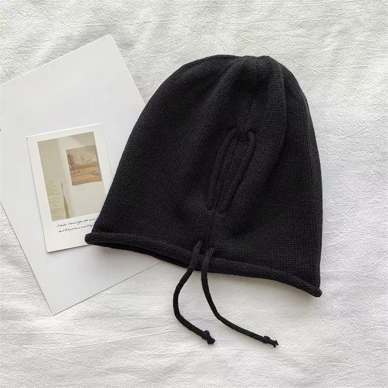 2024 Damen Herbst/Winter Internet-Berühmtheit Pile-Mütze: Gesichtsenthüllend, Großer Kopf, Ohrenschutz, Kordelzug, Strickmütze mit gerolltem Rand