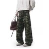 Unisex American Retro Camo Jogginghose: Hohe Taille, Gekrümmtes Bein, Herbsttrend