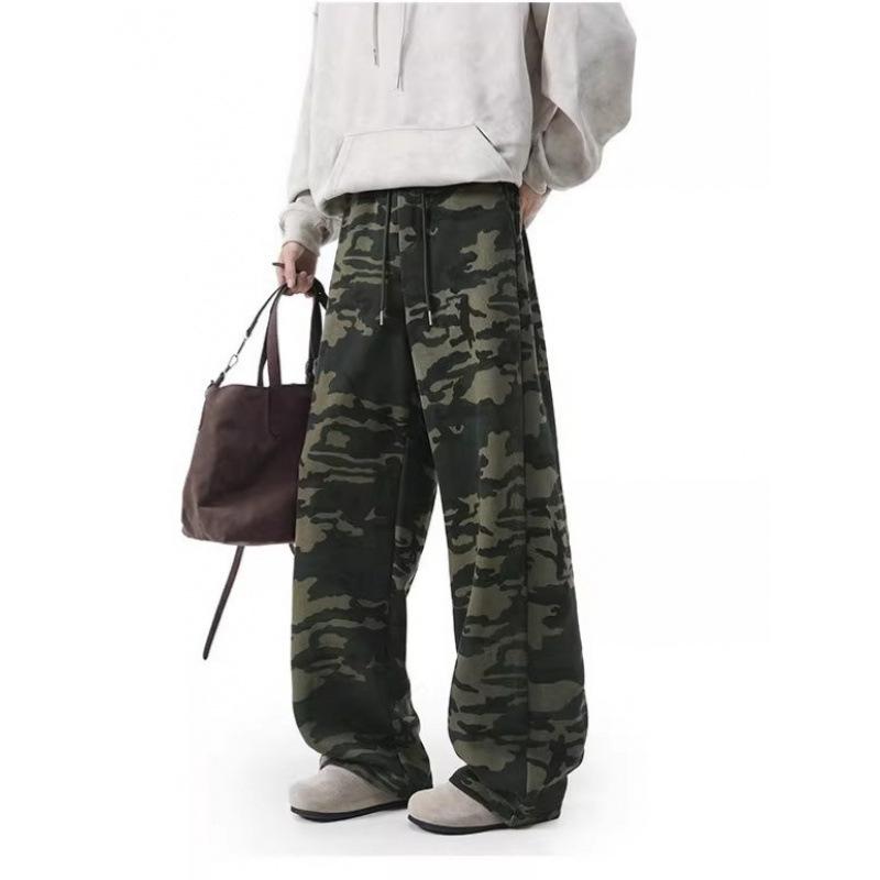 Unisex American Retro Camo Jogginghose: Hohe Taille, Gekrümmtes Bein, Herbsttrend