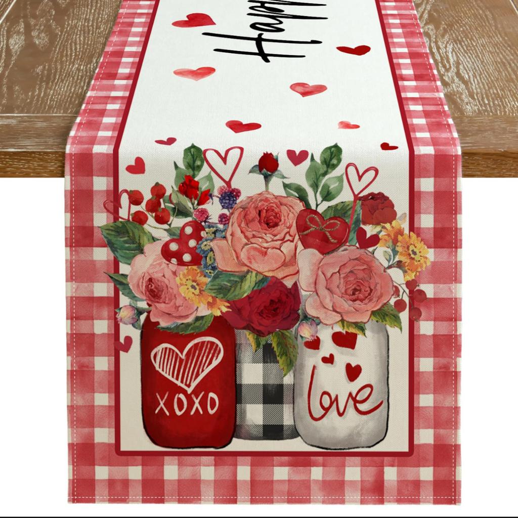 Valentine'S Day Table Flag Red Love Plaid Home Holiday Decoration Table Flag Tablecloth