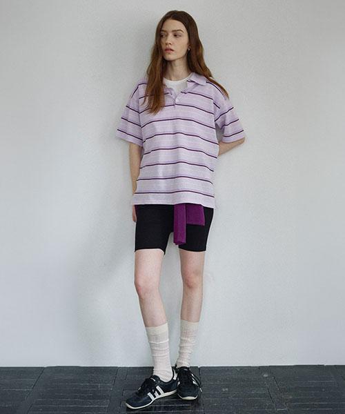Onaenon Striped Collared Short Sleeve Knit Nek6Mp416