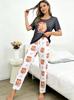 Ensemble short et haut à manches courtes pour femme Impression dessin animé Confortable et doux pour la peau Vêtements décontractés pour la maison ensemble deux pièces
