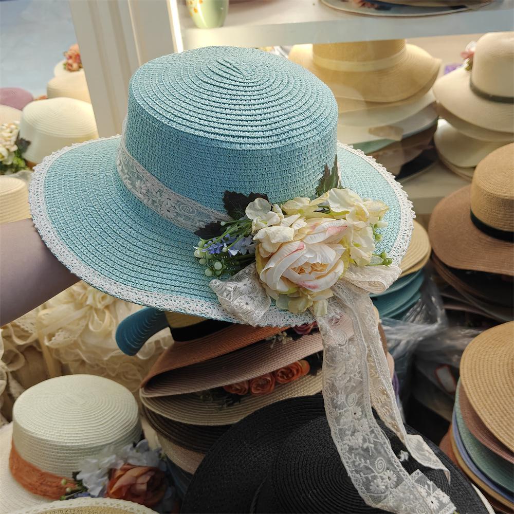 2025 new style flower decoration fresh ladies summer straw hat flat top large brim sun hat beach French elegant wedding hat