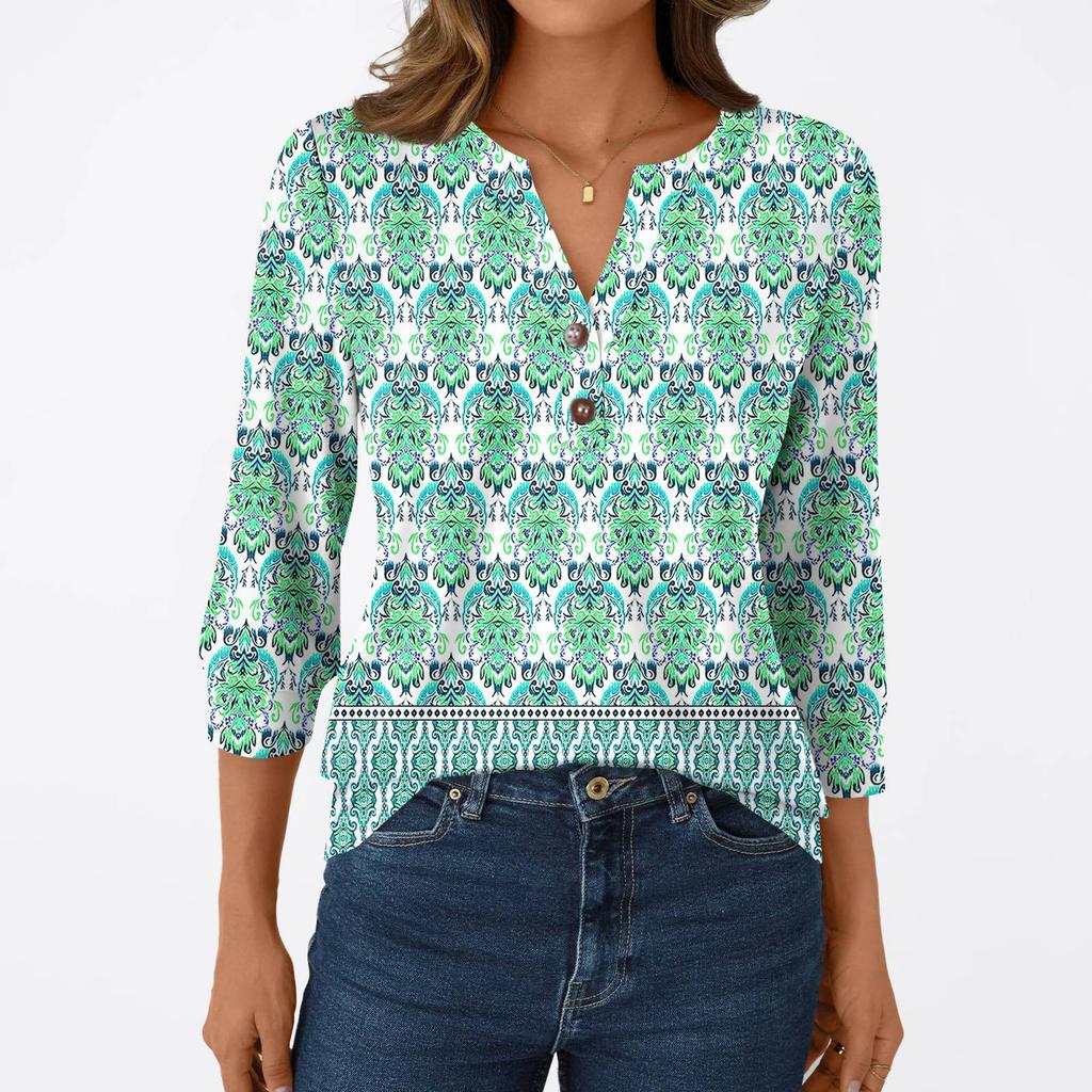 T-shirt Manches 3/4 Décontracté Mode Femme Imprimés Col V Boutonné