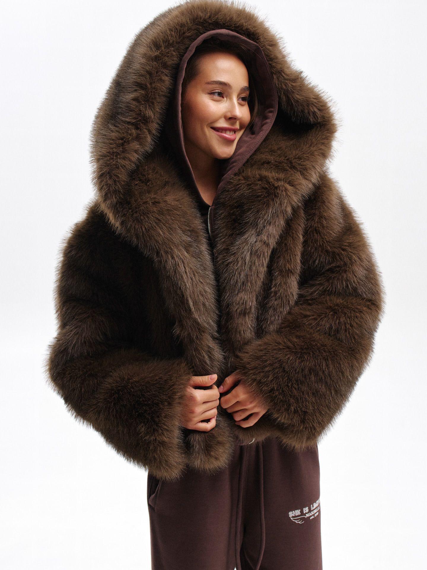 

Women s Eco-friendly Thickened Brown Faux Fox Fur Hooded Coat for Winter 4XL темно-коричневого кольору