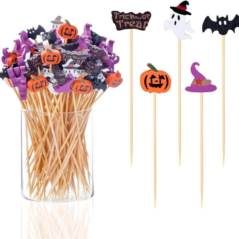 50Pcs Halloween Toothpicks Appetizers 4.7 Inch Bamboo Cocktail Picks for Cake Dessert Food Fruit Halloween Party Decorations 5