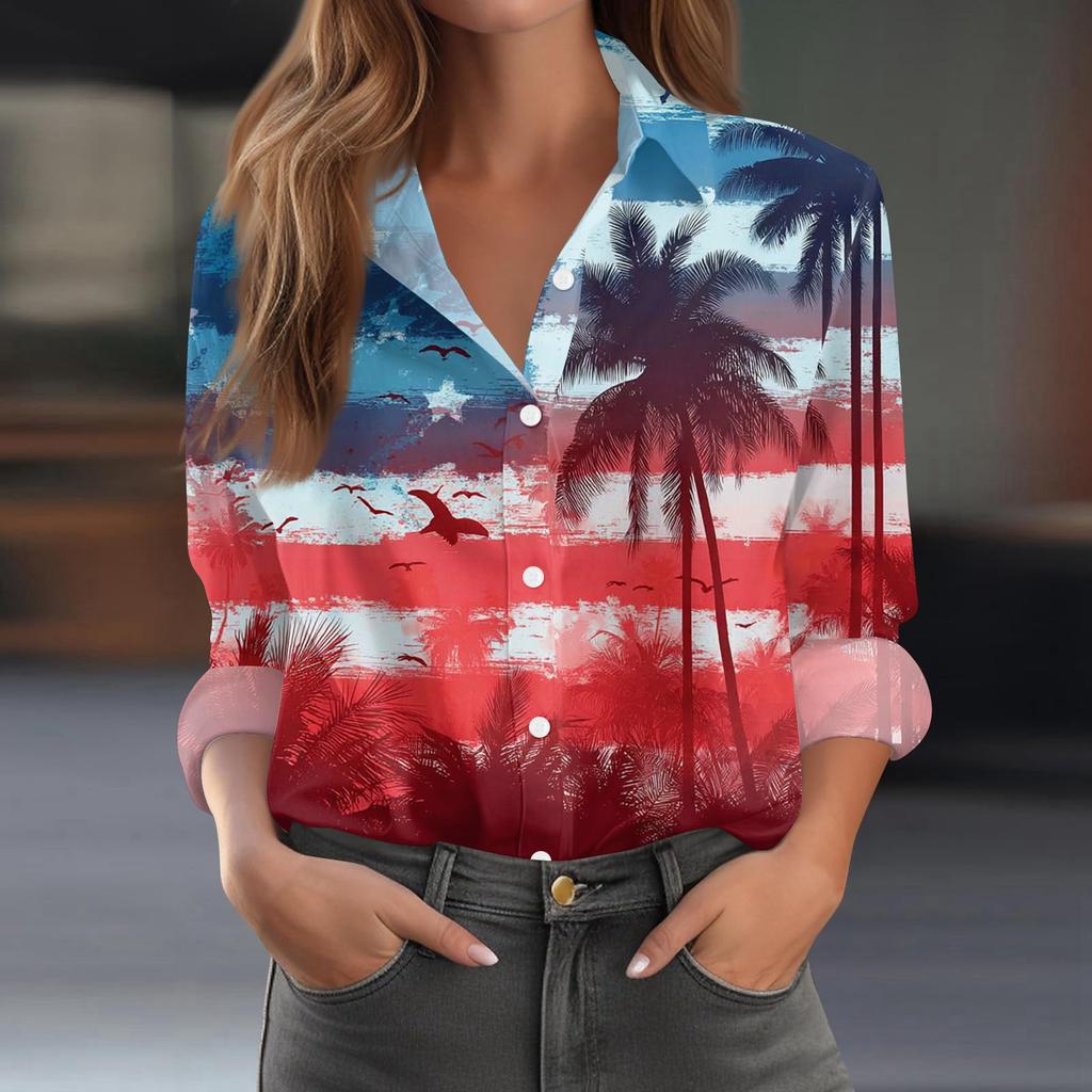 Damen-Hemdbluse, bedruckt, Knopfleiste, langärmelig, lässig, Basic, Hemdkragen, normales Oberteil