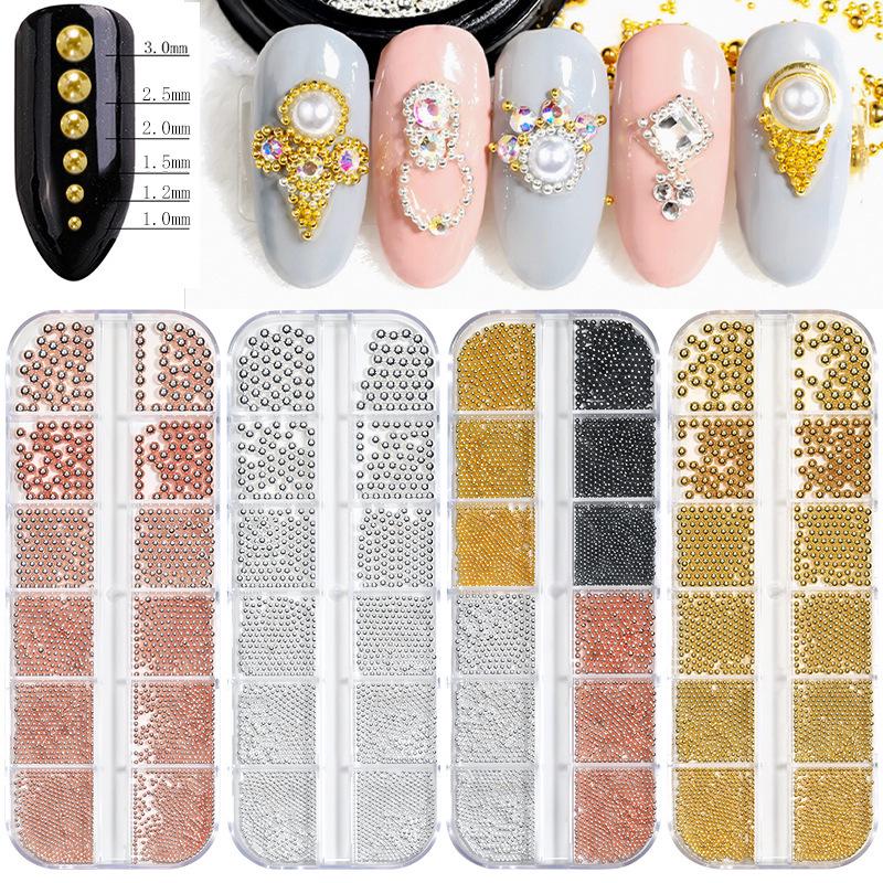 Japanese Mini Steel Beads Nail Art Accessories - Gold, Silver & Rose Gold Mix In 12 Grid Box