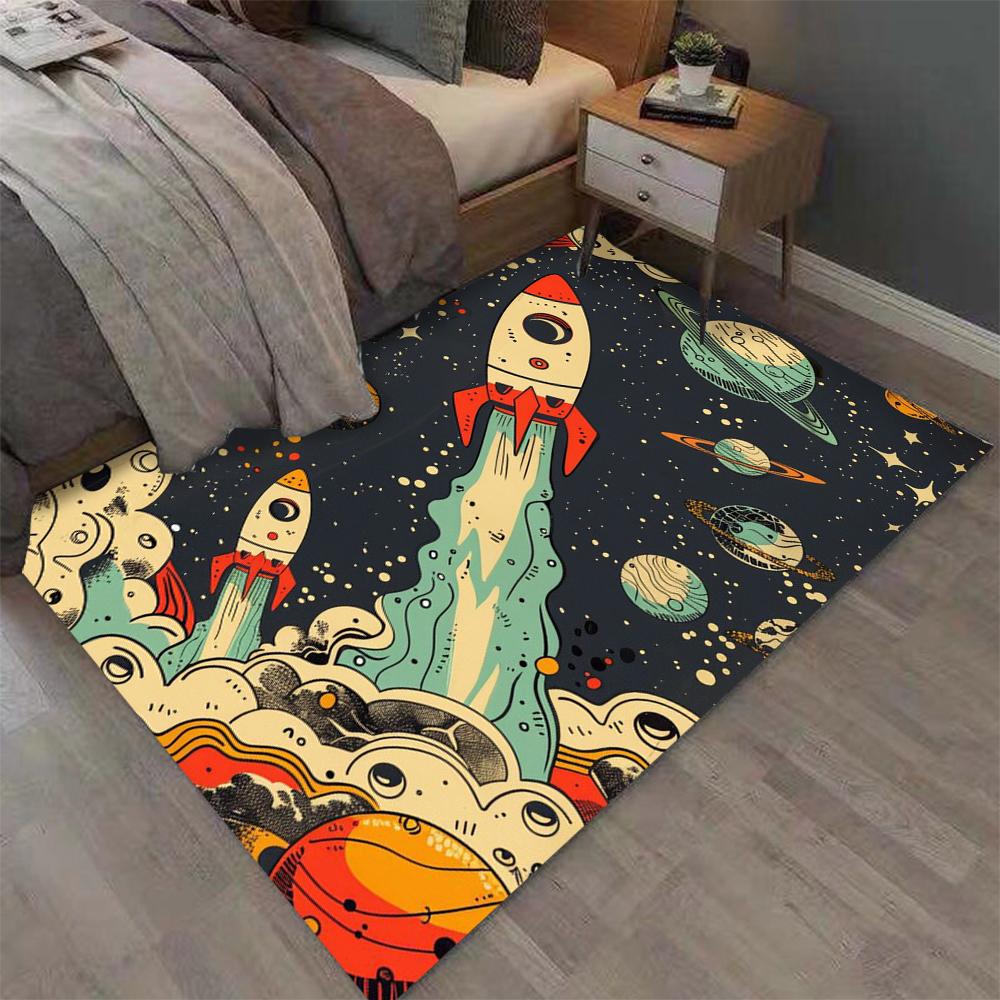 Space Rocket Planet Print Carpet Kids Bedroom Rug Exquisite Non-slip Soft Mat Galaxy Theme Home Decoration Living Room Floor Mat