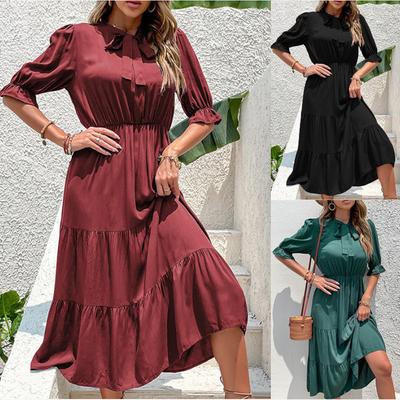 Lässiges, einfarbiges, langes Kleid für Damen, V-Ausschnitt, Krawatte, Rüschen, kurze Ärmel, elastisches Patchwork-Kleid mit hoher Taille, atmungsaktives, leichtes, weiches Arbeitskleid für den Sommer