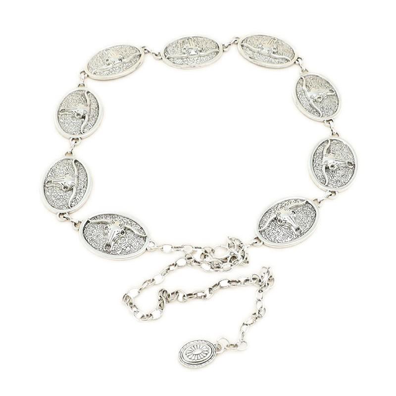 Retro Haute Design Sense Metal Waist Chain Women'S Niche Design With Fashion Tide Oval Bullhead Ethnic Style Belt Women