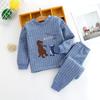 Children Three-layer Cotton Thickening Warm Two-piece Long-sleeved Round Neck Cartoon Print Bottoming Shirt + Trousers