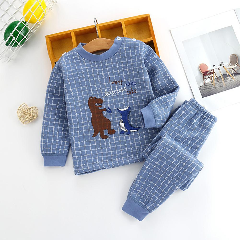 Children Three-layer Cotton Thickening Warm Two-piece Long-sleeved Round Neck Cartoon Print Bottoming Shirt + Trousers