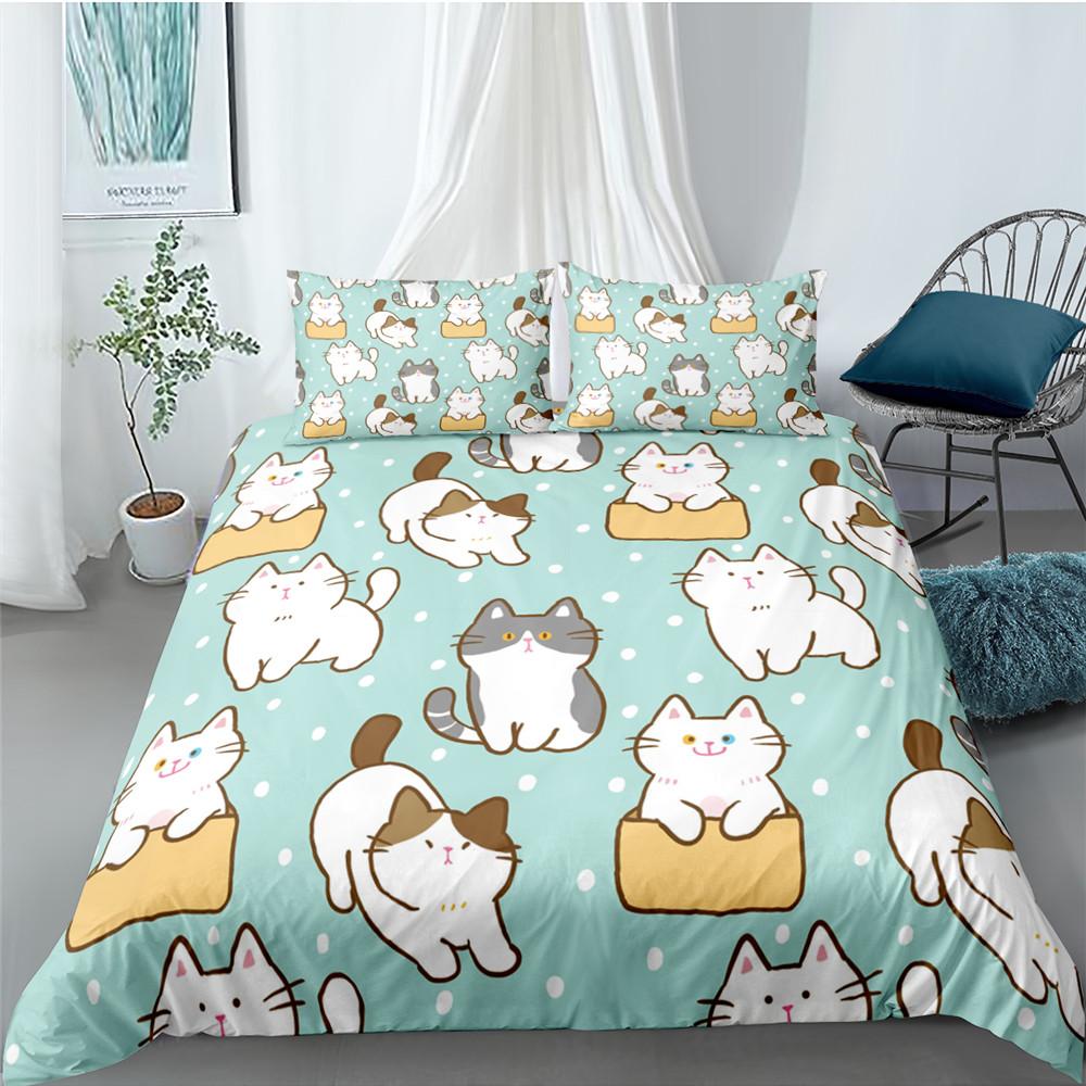 Classic Modern Cartoon Cat for Kids Girl Polyester Kitten 2 3pcs Animal Single Twin Queen King Quilt