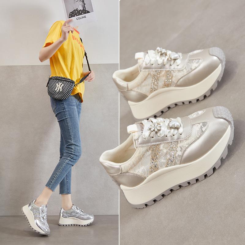 Platform Forrest Gump Shoes Women's 2025 New Leather Lace Through the Net Casual Shoes Versatile Height Increasing Sequins Sneakers