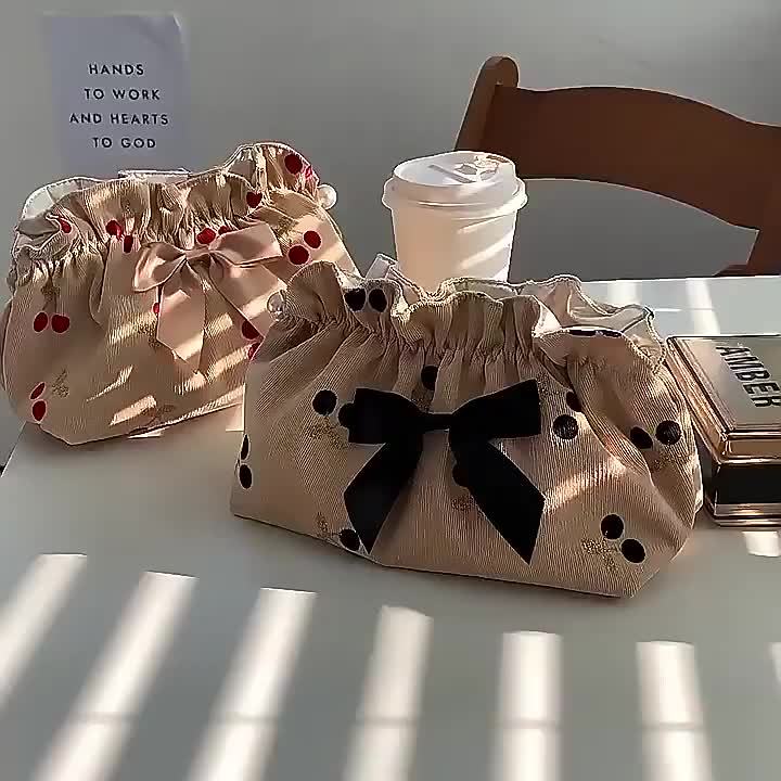 [Cherry Makeup Bag] Large Capacity Cherry Pattern Corduroy 1pc Makeup Bag for Women | Polyester Travel Cosmetic Pouch with Bow Detail