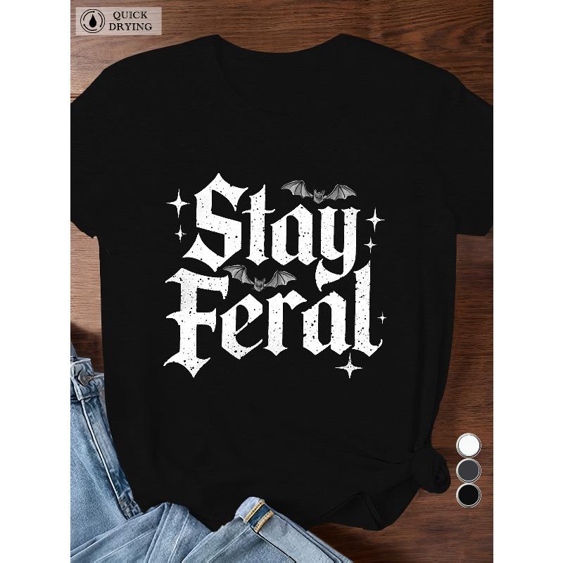 

Women s Plus Size Stay Feral Gothic Graphic Casual Short Sleeve Tee 4XL чорний