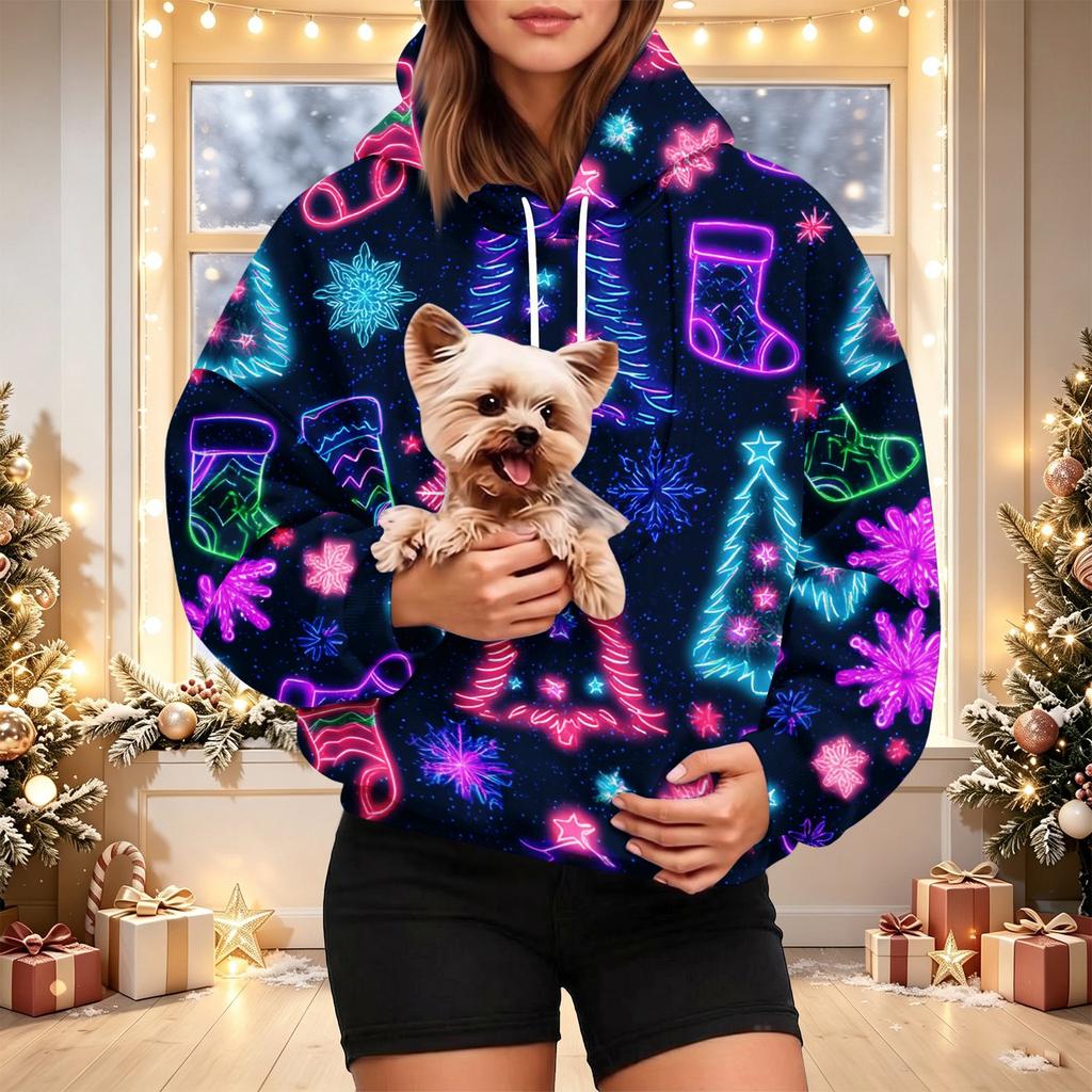 Damen Mode Weihnachtsdruck Hoodie mit Haustier-Tasche, Lässiger Pullover für Feiertagskleidung