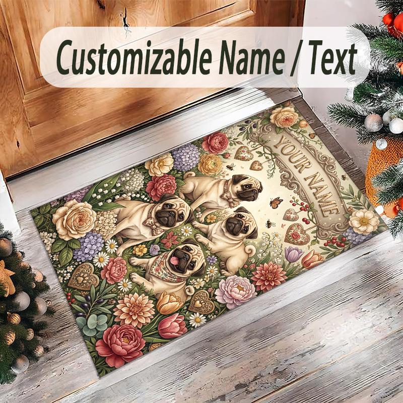 Pug Theme Crystal Velvet Floor Rug Personalized Custom Name Text Warm Carpet Home Decoration