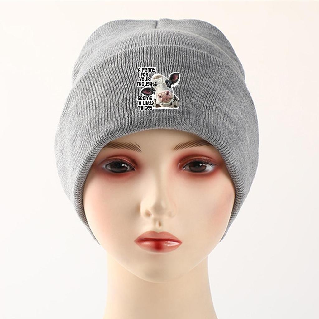 Vivid Cow Print Knit Hat Beanie, Animal Woman Cap Warm Lightweight Unisex Bonnet Knitted Cap Beanie