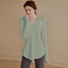 Abbigliamento da yoga a maniche lunghe con cappuccio sottile da donna, per sport all'aria aperta, jogging, top largo per il tempo libero, traspirante, ad asciugatura rapida, tinta unita