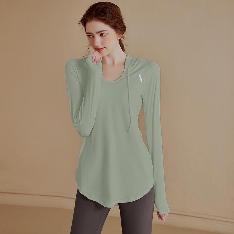 Abbigliamento da yoga a maniche lunghe con cappuccio sottile da donna, per sport all'aria aperta, jogging, top largo per il tempo libero, traspirante, ad asciugatura rapida, tinta unita