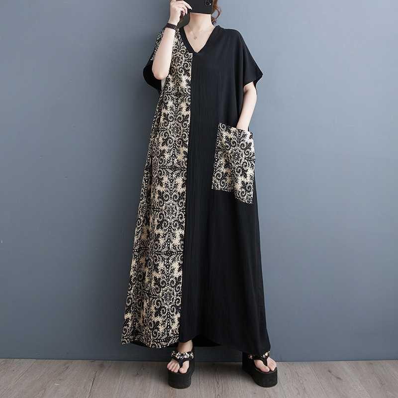 Summer Vintage Colorblocking 200 Pounds Long Dresses Big Pockets V-Neck Dresses