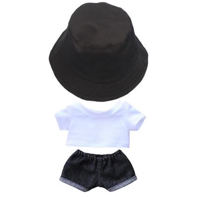 Niannyyhouse Plush Doll Clothes for 15cm Dolls, Hat + T-shirt + Pants 3-Piece Set, Dress-Up, Fisherman's Hat, White T-shirt, Jeans, Doll Baby