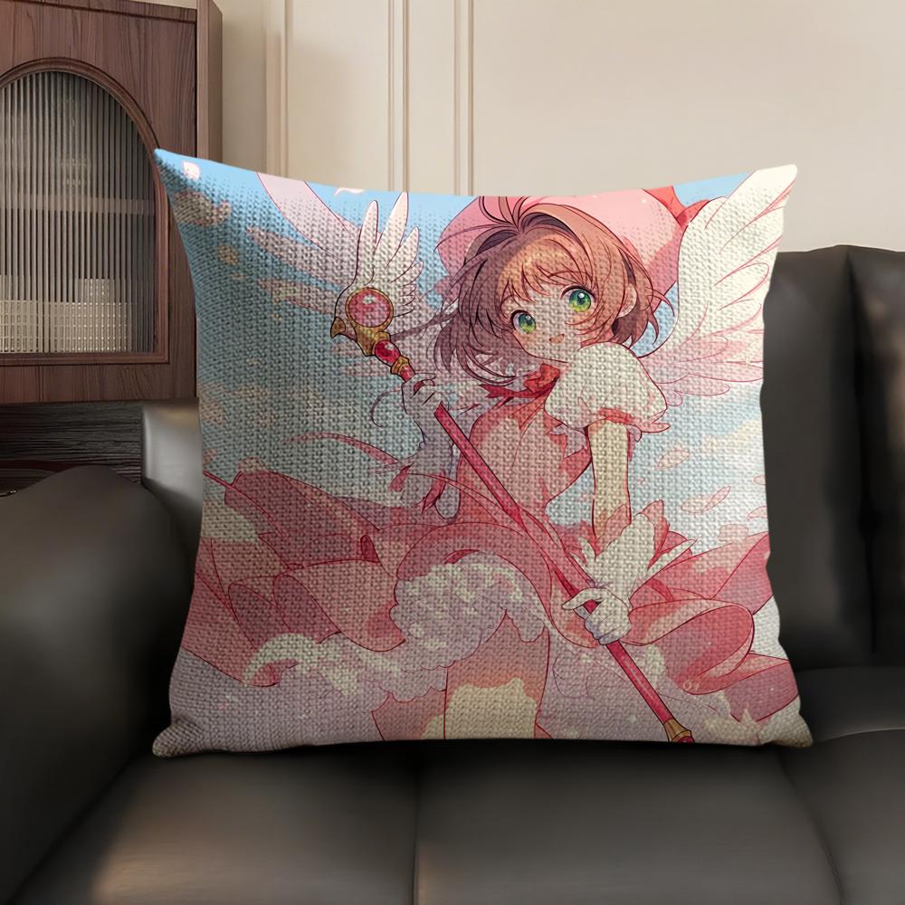 Anime C-Cardcaptor S-Sakura Pink Cushion Cover Natural Linen Organic Fabric Double-Sided Printing Sofa Home Decor Pillow Case