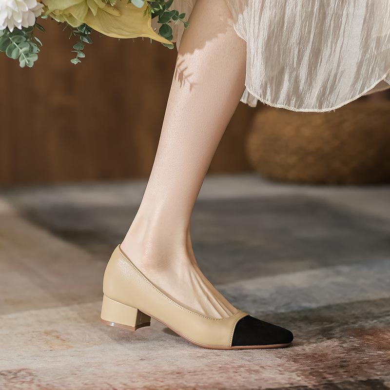 Fashion Leather Color Matching Thick Heel Single Shoes Womens 2025 Summer New Middle Heel Light Mouth Soft Sole Black High Hels Women