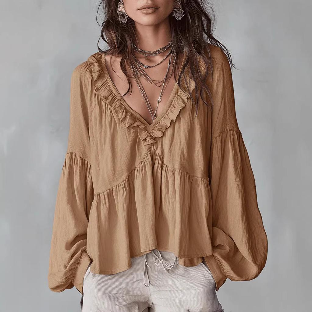 Women S Sweet Ruffled V Neck Puff Sleeve Loose Blouse For Spring Summer