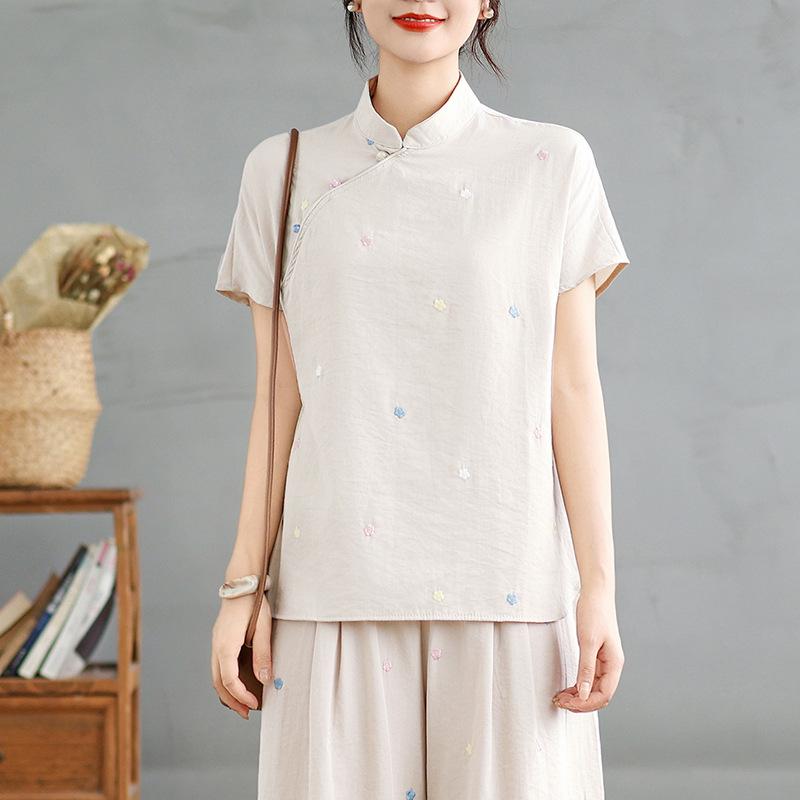 9017 Vintage Chinese Linen Suit: Summer Loose Fit Shirt & Wide-Leg Pants Set