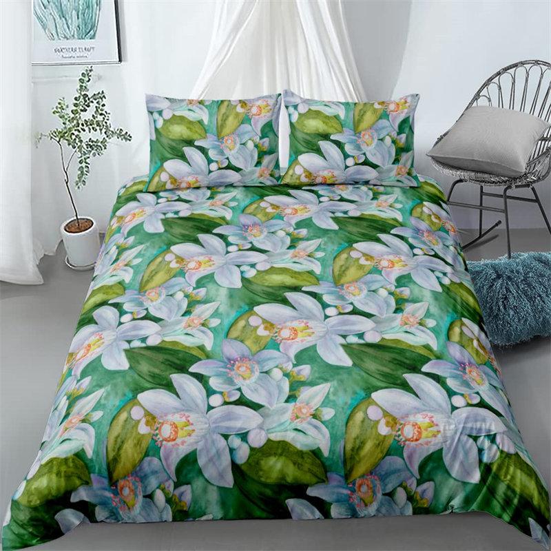 Vibrant Botanical Floral Duvet Cover Twin Size Lotus Flower Leaves Bedding Set Soft Tropical Palm Tree Quilt Cover Pillowcases