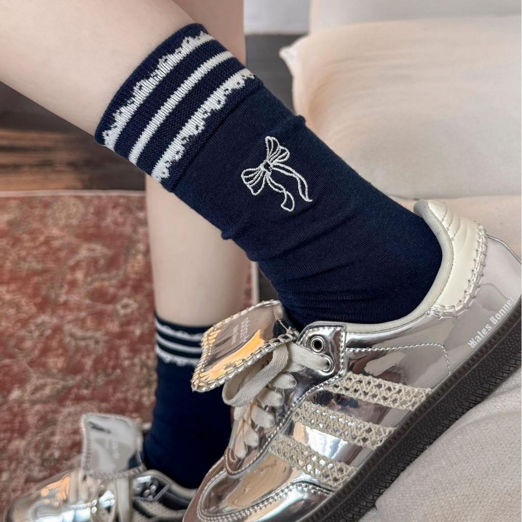 Bow Embroidered Socks Women'S Striped Lace Sweet Tube Socks Outer Lace Stacking Socks
