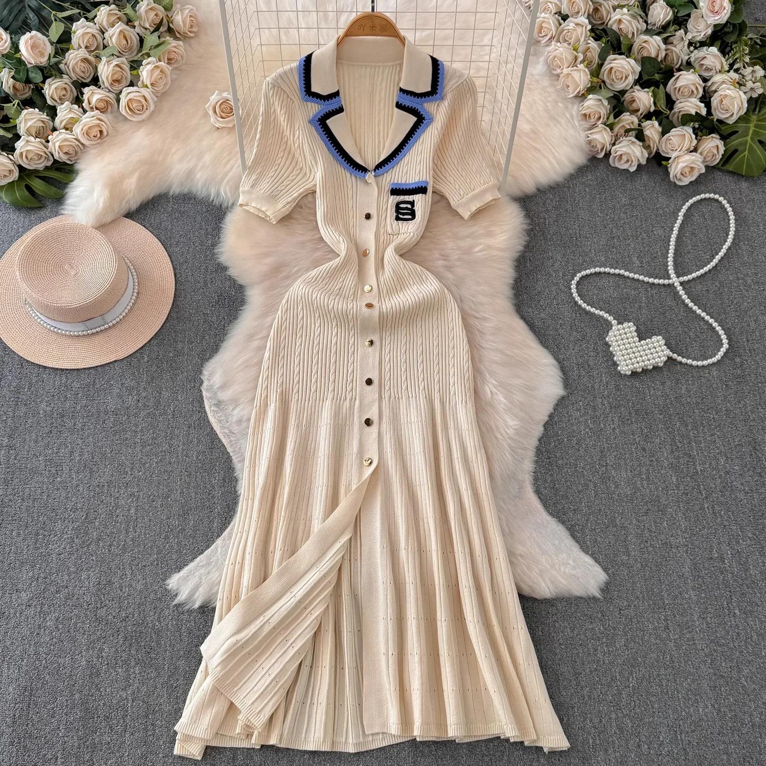 

Нове весняно-літо, елегантна трикотажна максі-сукня з вирізами у французькому стилі, однобортні однобортні светри з розрізами One Size бежевий