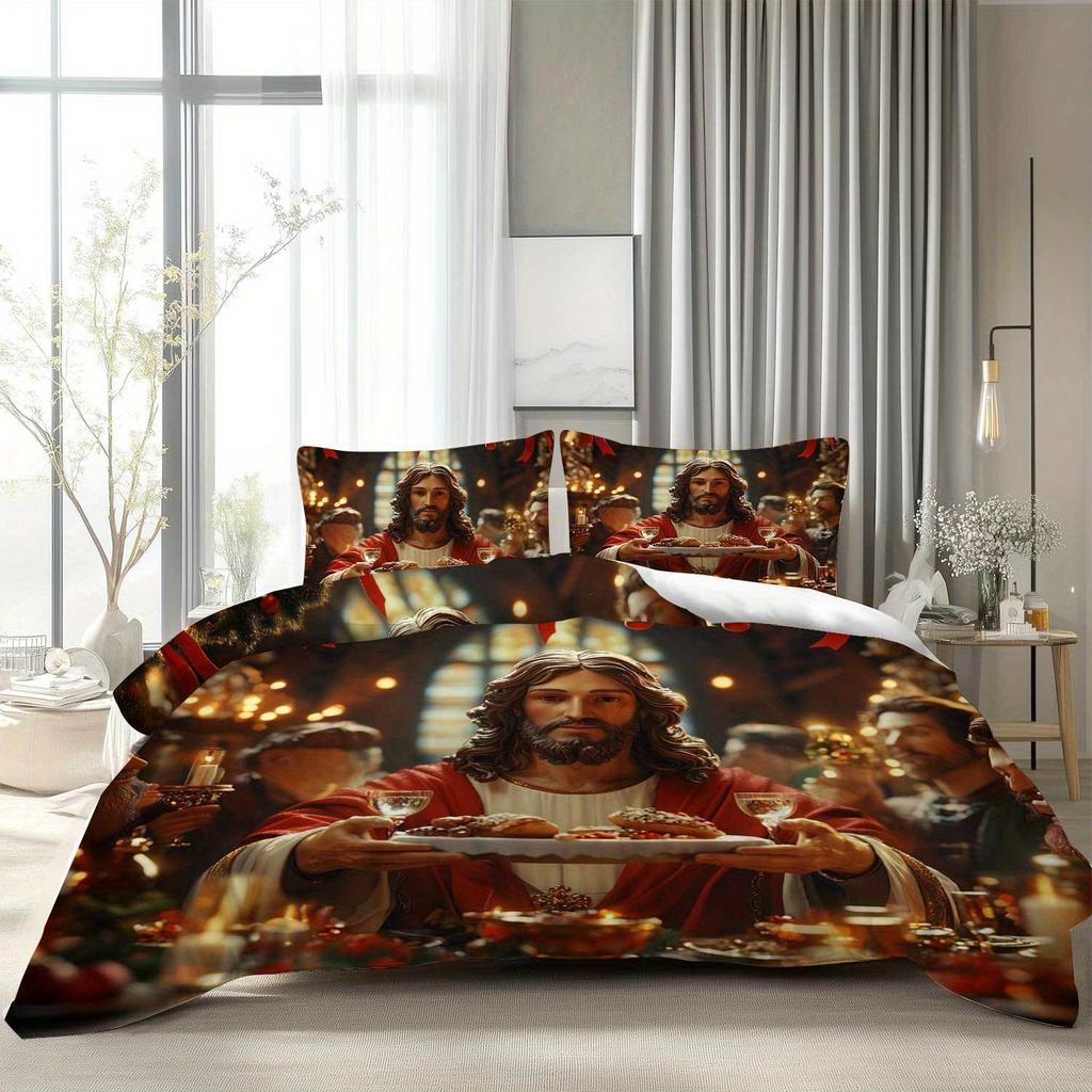 Latacaca 3pcs Merry Christmas Jesus Feast Duvet Cover Set Bedding Set Bed Cover Set (1 Duvet Cover & 2 Pillowcases),